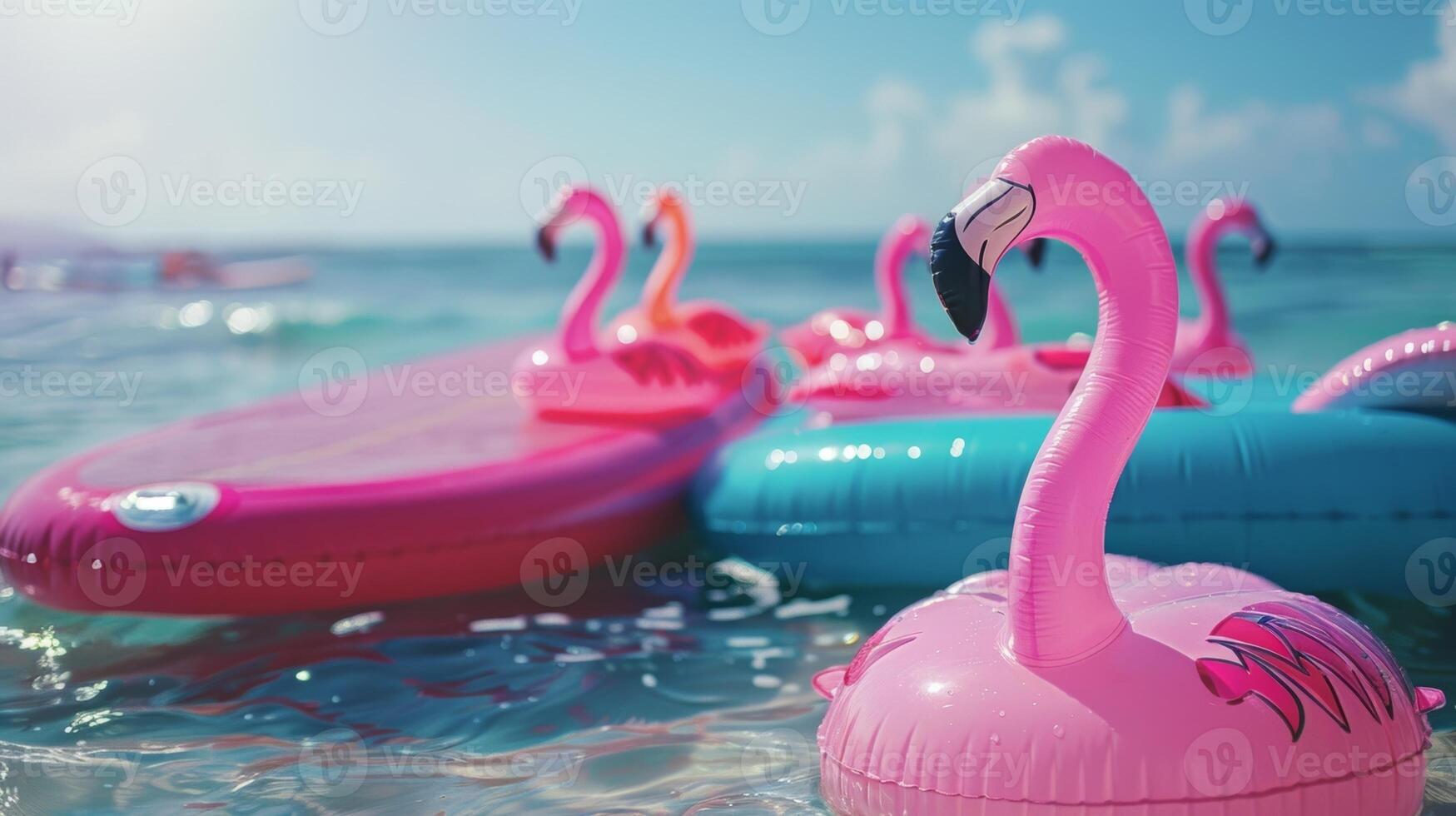 A funfilled party on the shore with inflatable surfboards and flamingo rafts floating in the ocean photo
