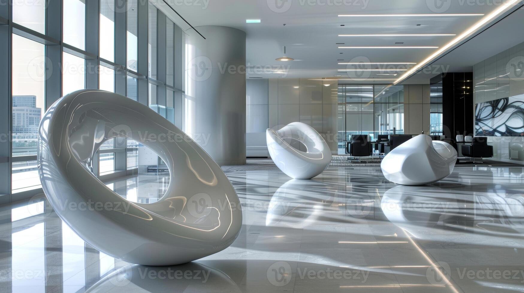 A corporate office decorated with sleek and modern plastic sculptures designed to look like airfilled geometric shapes adding a touch of contemporary elegance to the space photo