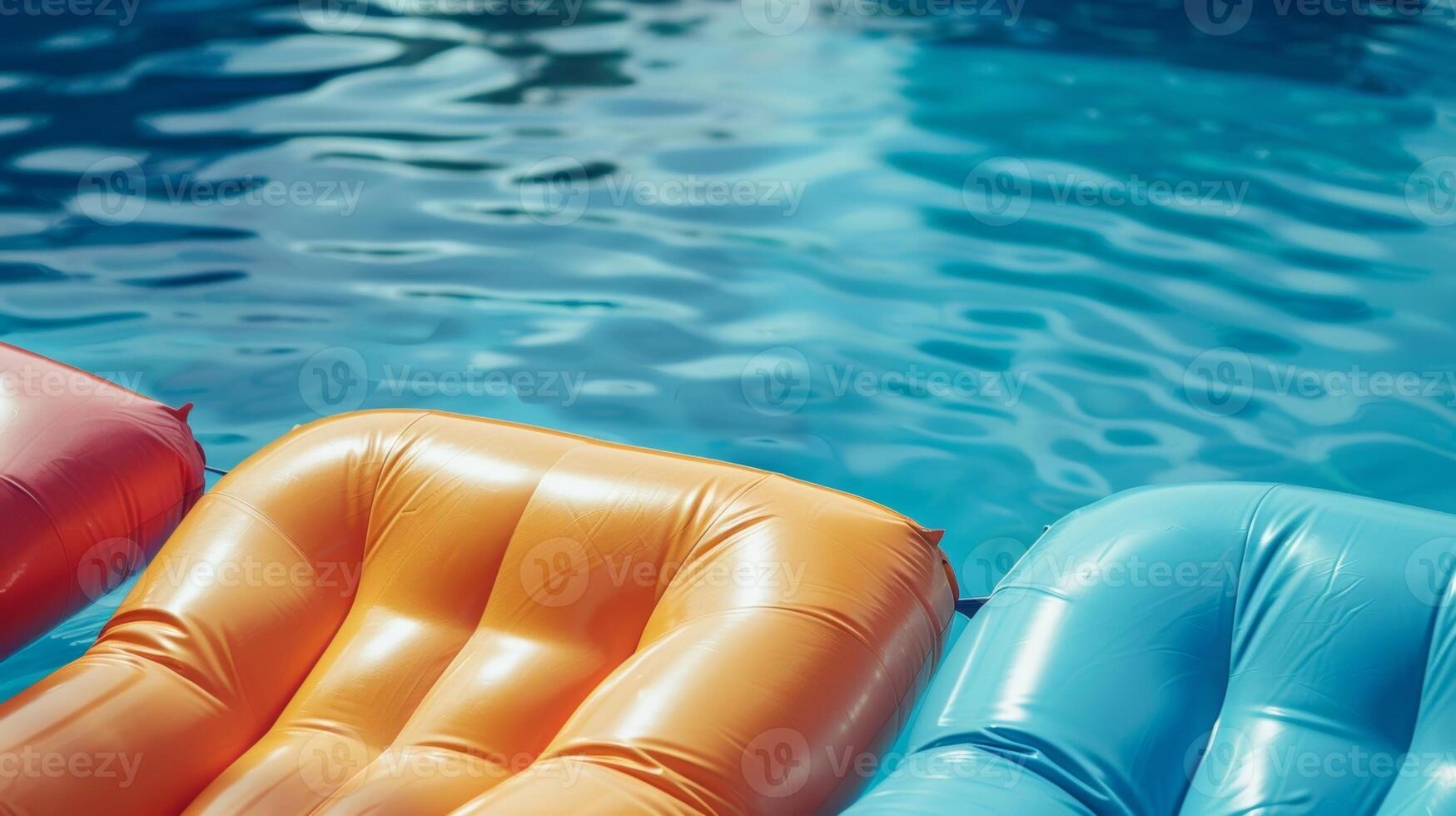 Tranquil blue water surrounds two brightlycolored inflatable lounge chairs beckoning for a lazy afternoon of lounging photo