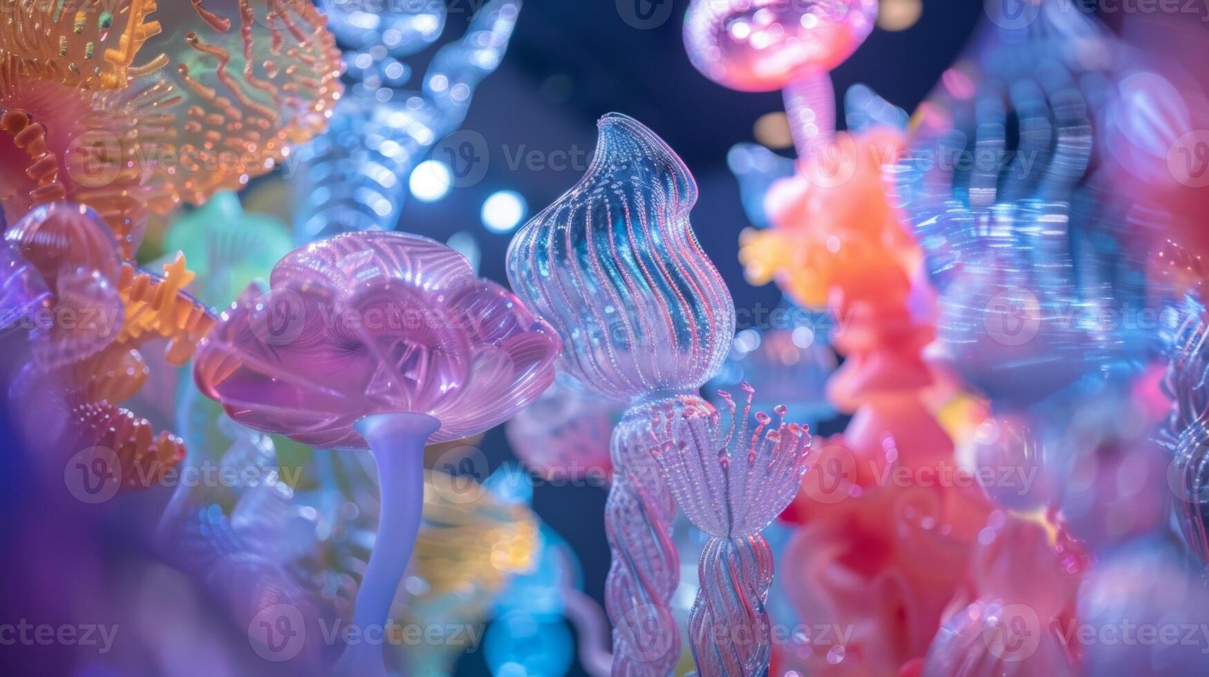 An underwaterthemed event featuring a stunning array of plastic sculptures shaped like bubbles fish and other sea creatures creating an enchanting and otherworldly atmosphere photo