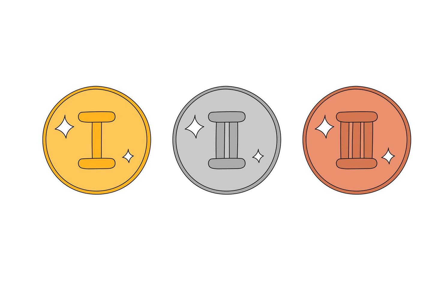 Medals Roman numerals set. Doodle illustration. Prizes golden, silver and bronze. Winner awards first, second and third places. Outline hand drawn medals isolated elements. vector