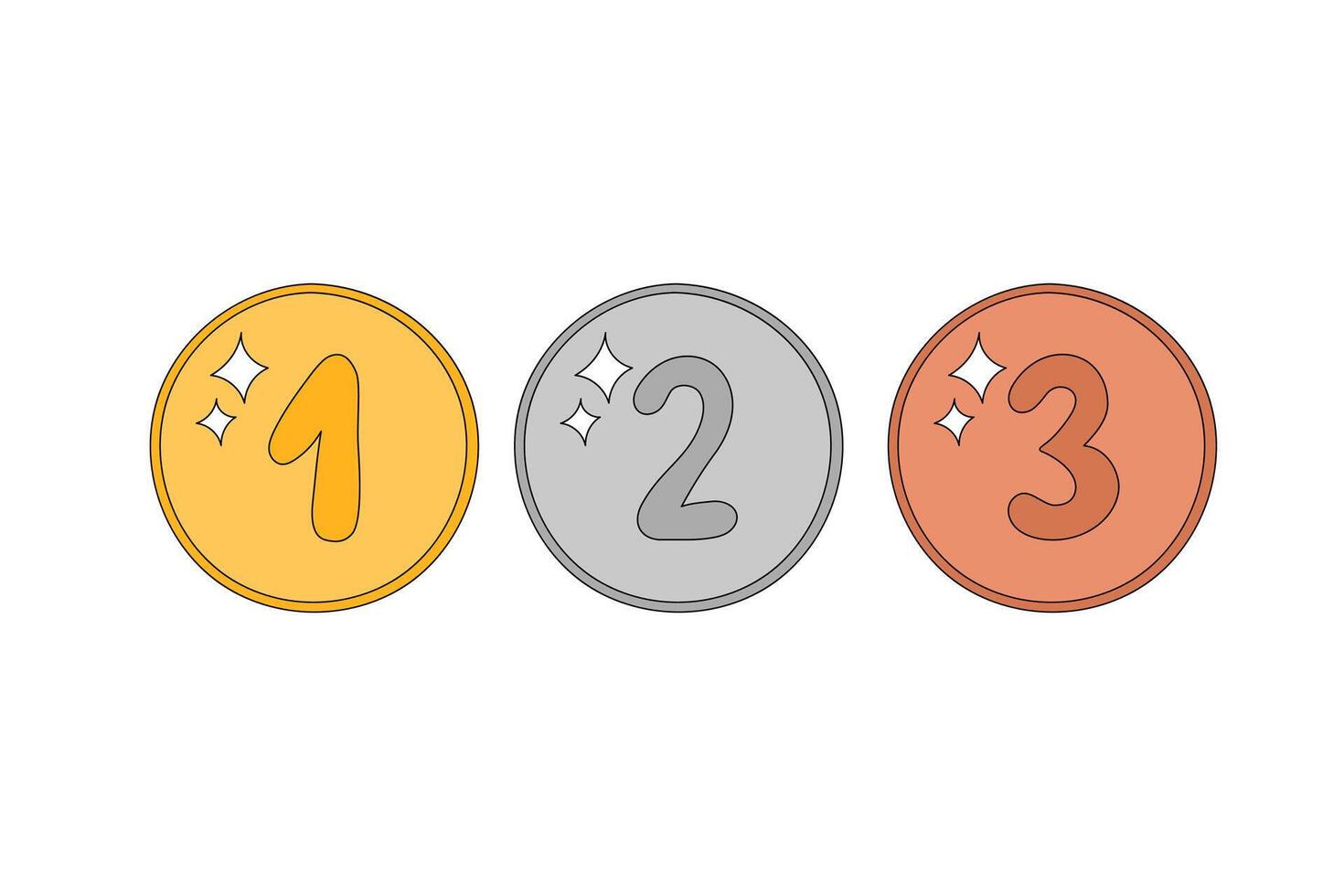Medals set illustration. Doodle prizes golden, silver and bronze. Winner awards first, second and third places. Outline hand drawn cute medals 1, 2, 3. Isolated design objects, elements vector