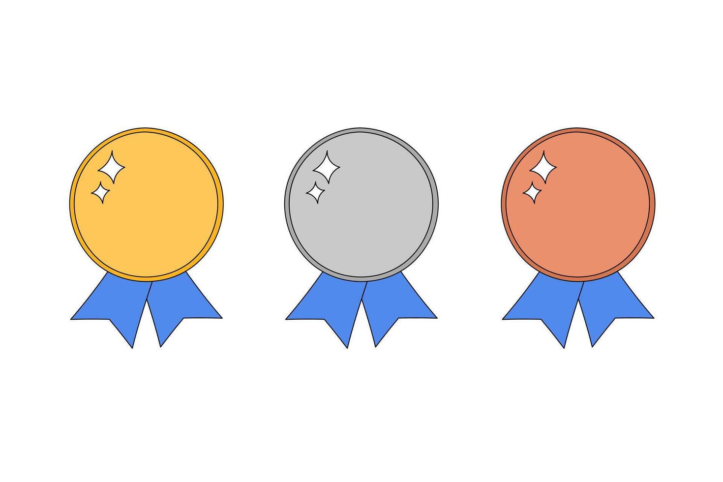Cute winner medals set illustration. Doodle prizes golden, silver and bronze. Awards first, second and third places. Outline hand drawn medals with no numbers isolated elements vector