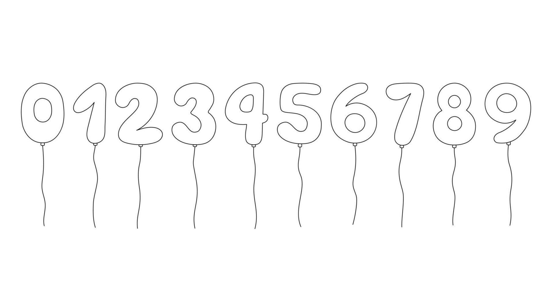 Balloons numbers doodles set. Outline helium balloons isolated on white background. Inflatable digits from 0 to 9 on string for Birthday, sale, anniversary designs vector