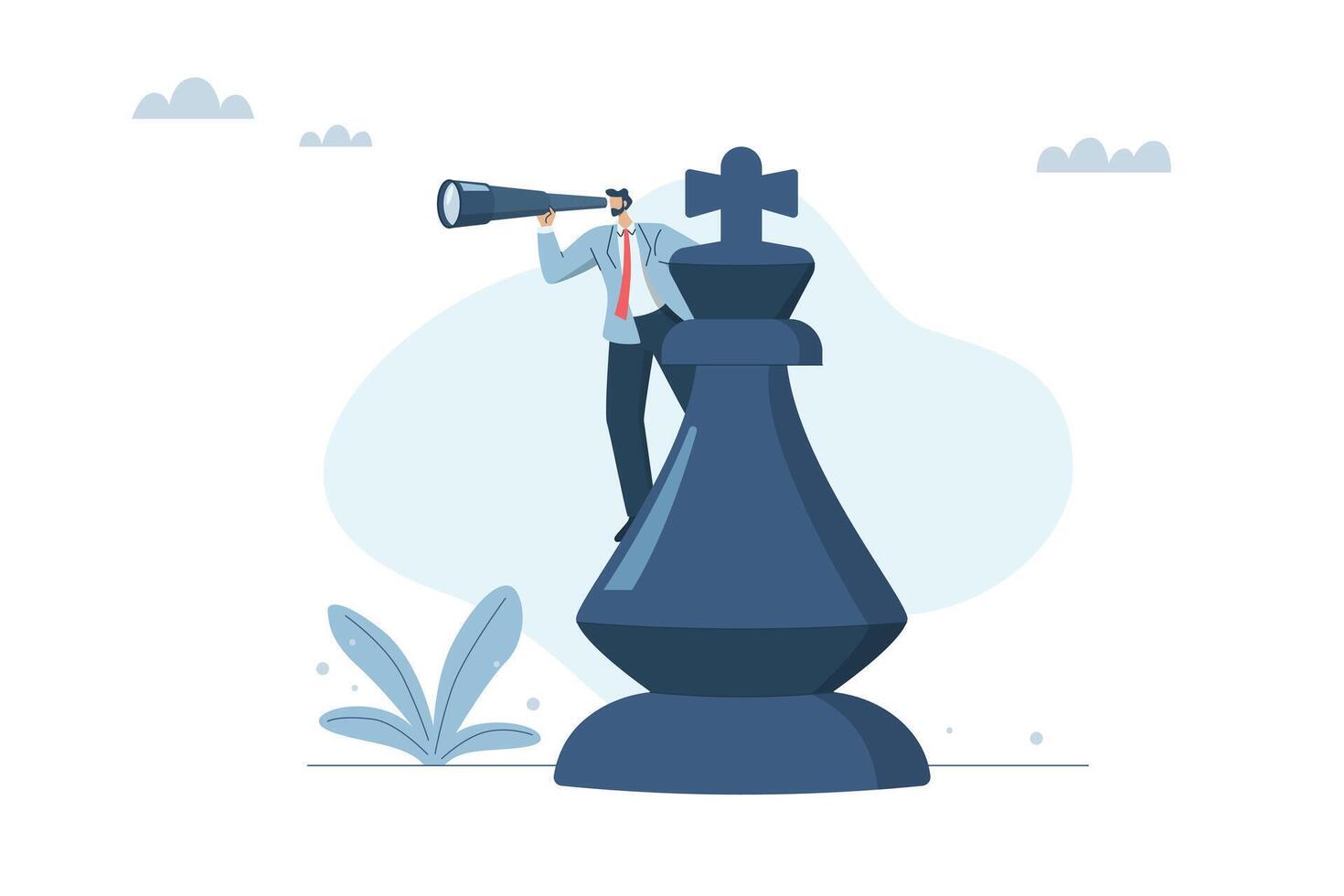 Businessman standing on king chess pieces with binoculars for business vision, Business strategic vision, Leadership business planning, Constant search for opportunities. design illustration. vector