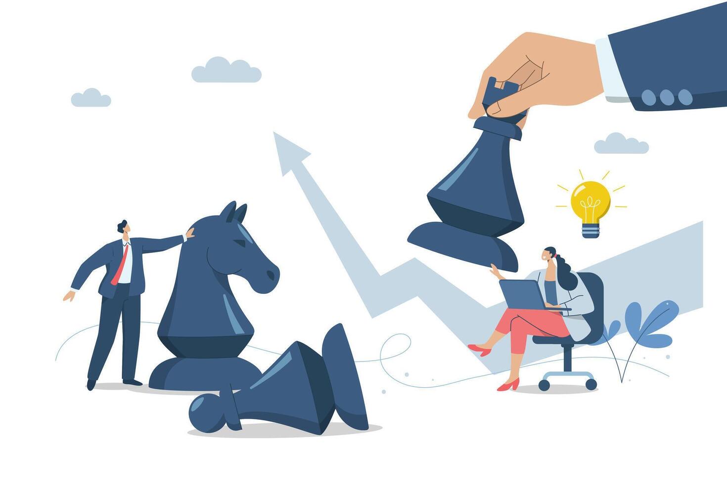Business competition with competitors, Strategy planning to win business competition, Decision making and marketing analysis, Businesswoman analyzing strategy with big hand moving rook chess pieces. vector