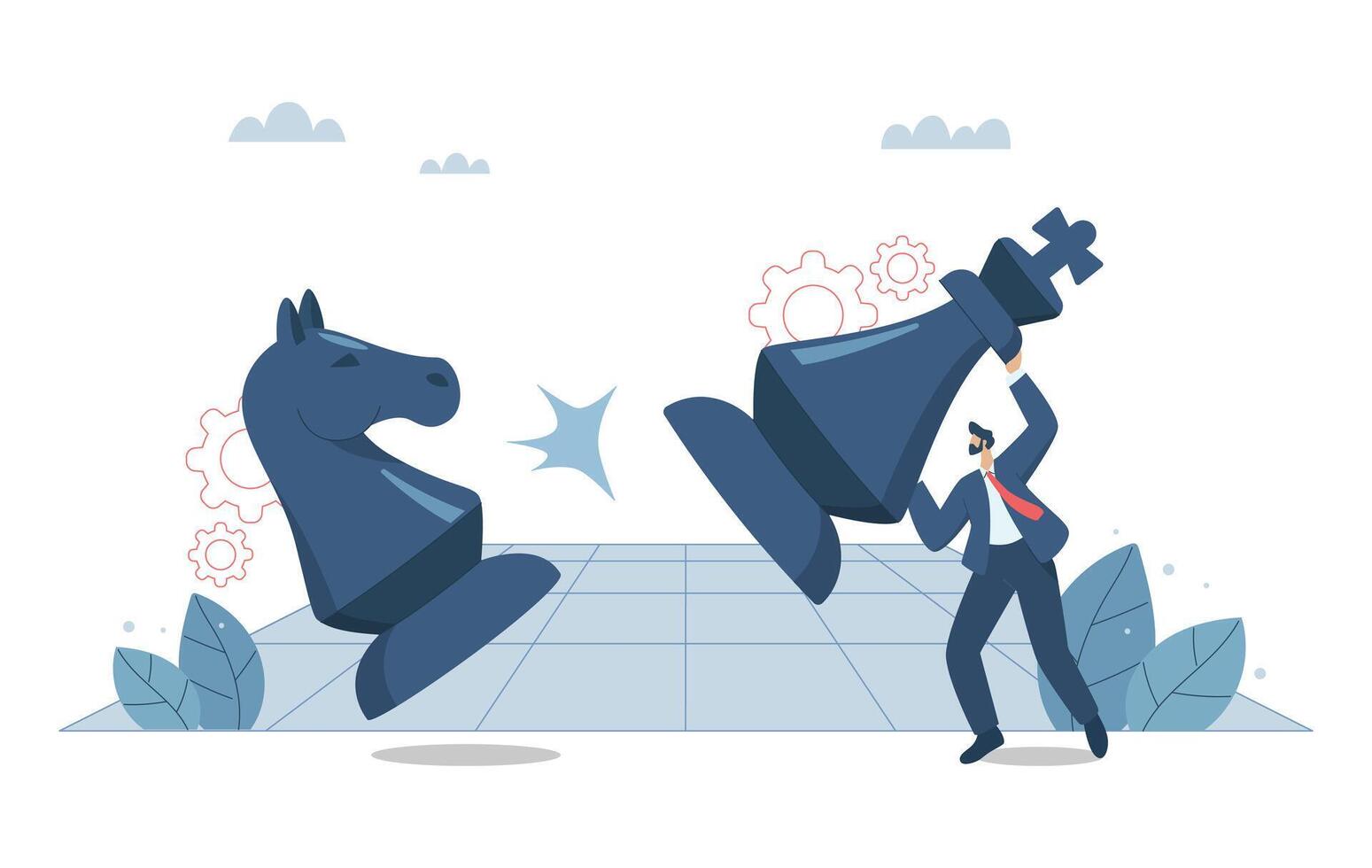 Strategic business planning, Strategizing to compete with competitors, Business confrontation, Businessman moving a large chess piece against a business competitor. design illustration. vector