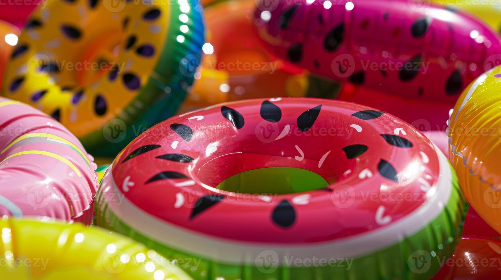 A colorful assortment of inflatable pool toys including a donut pineapple and watermelon slice each highlighting their own unique plastic textures and patterns photo