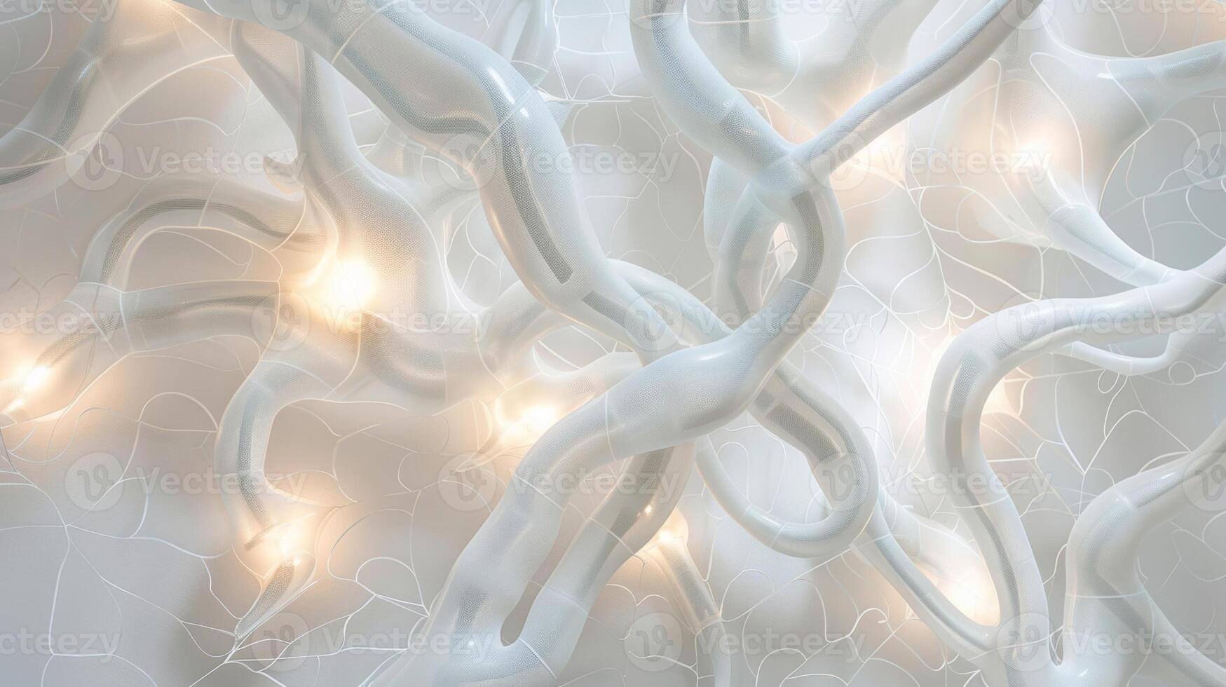 A wallmounted light sculpture featuring an intricate network of inflatable tubes resembling a tangled spiderweb when lit up photo
