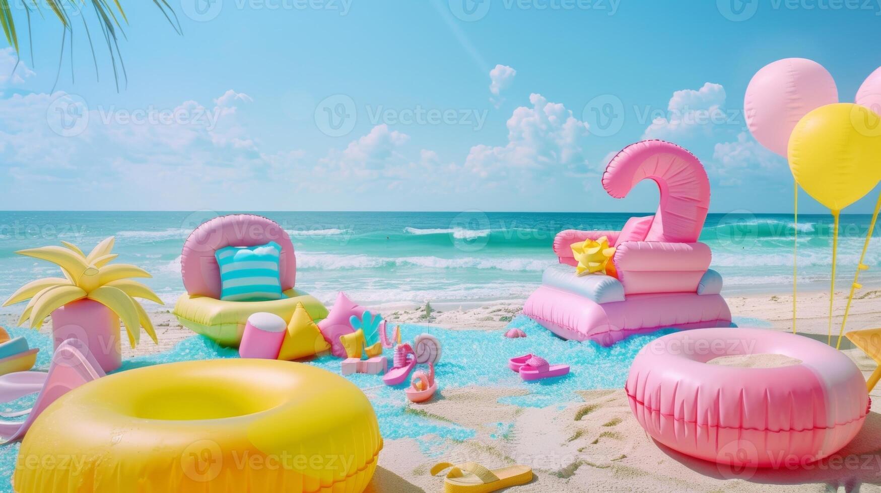Imagine an Instagramworthy beach scene straight out of the 2000s with a vibrant mix of inflatable beach accessories frosted tips and chunky platform sandals photo
