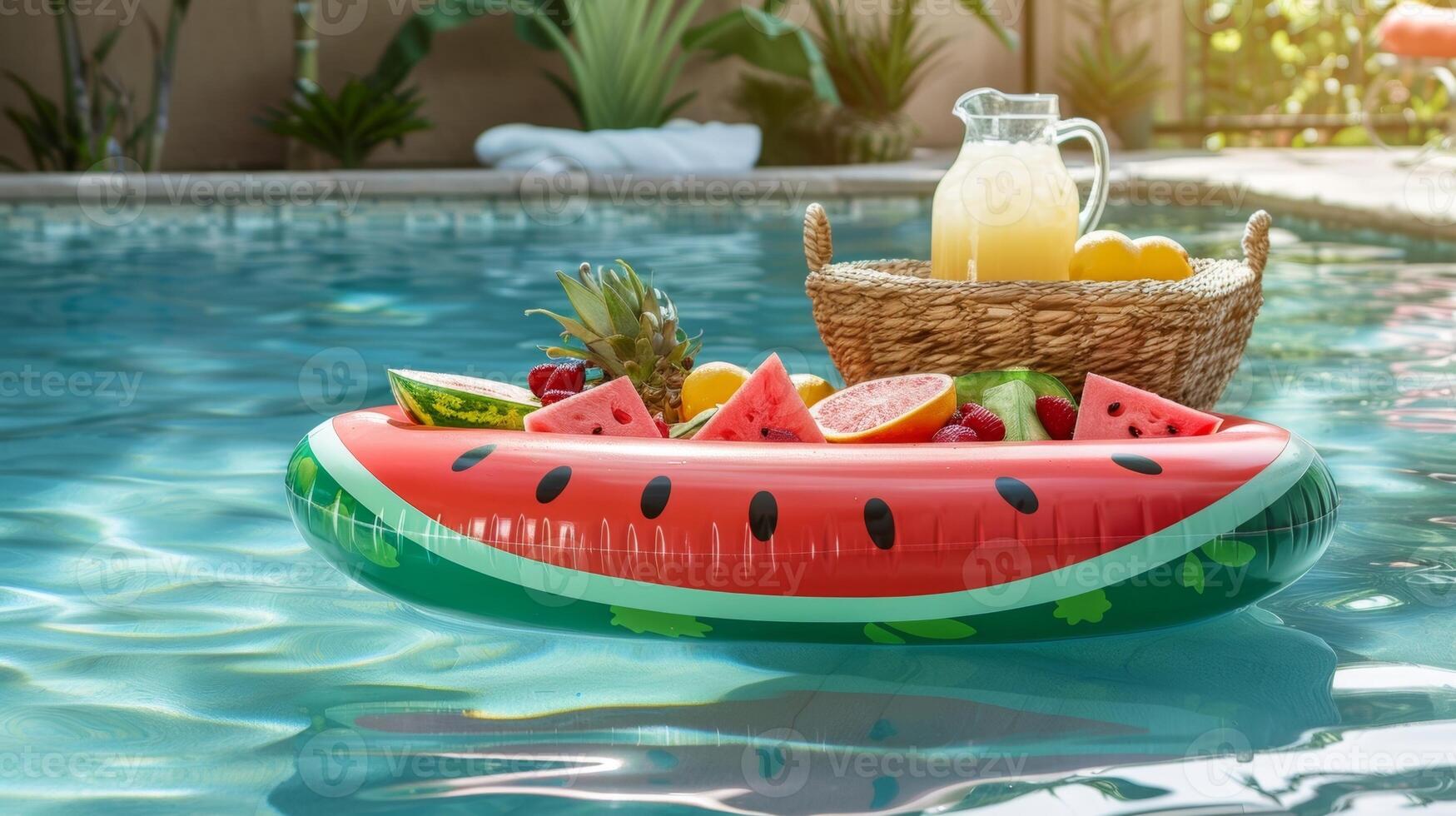 A playful watermelon slice pool float with deep green and juicy red hues floating in a pool beside a basket of fresh fruit and a refreshing pitcher of iced lemonade photo