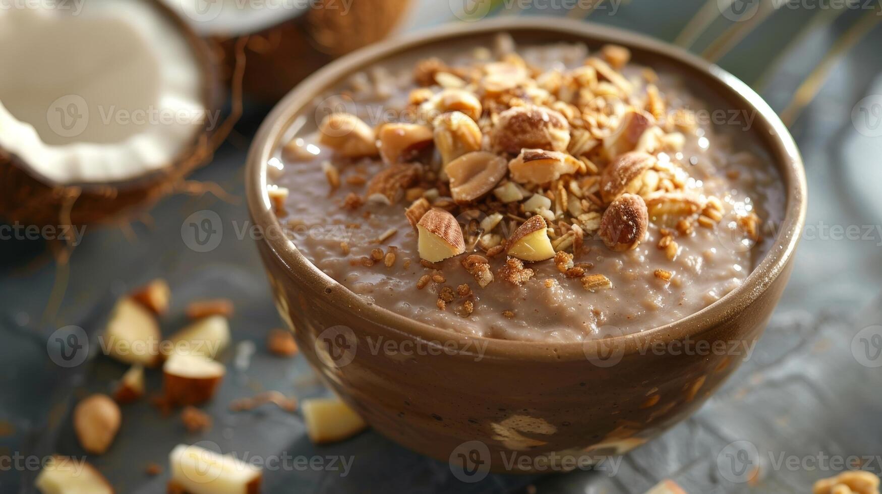 Thick and creamy buckwheat pudding with a hint of maple syrup and a medley of toasted coconut and macadamia nuts photo