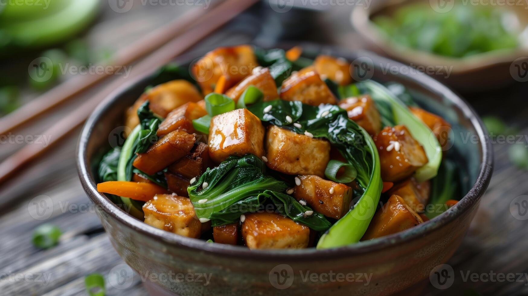 A hearty stirfry filled with tempeh bok choy and shiitake mushrooms photo