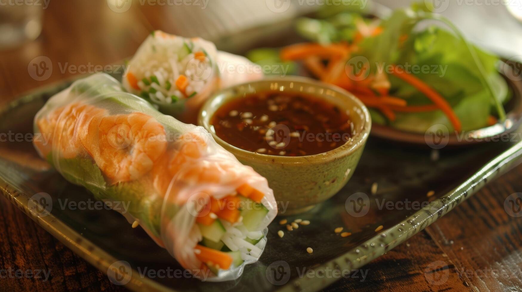 Vietnamese spring rolls with a twist rice paper wrapped around fresh veggies and rice served with a side of soy sauce for dipping photo