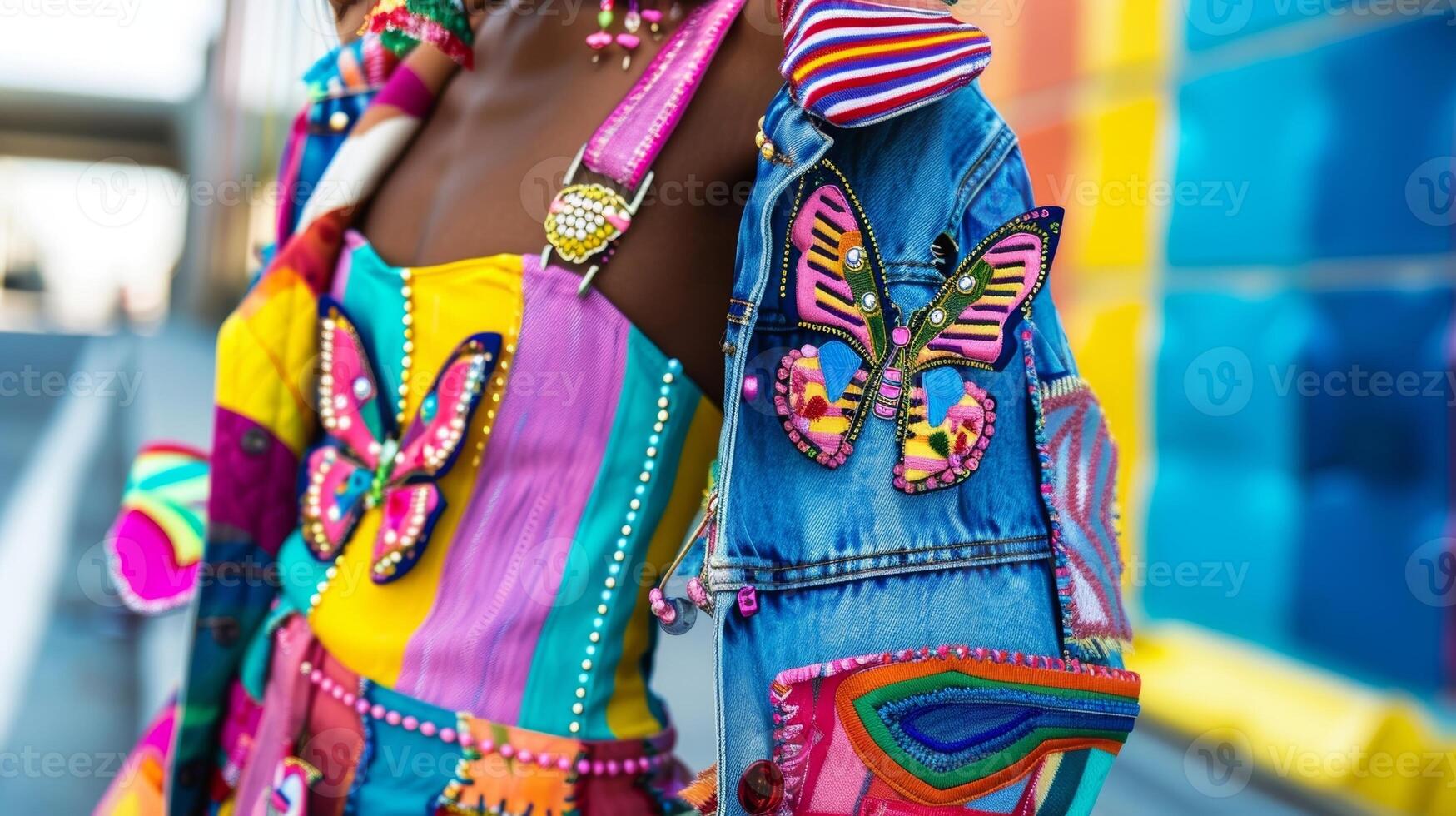 A playful and colorful look with a bold patchwork denim jacket a rainbow striped tank top and platform sandals with butterfly embellishments photo