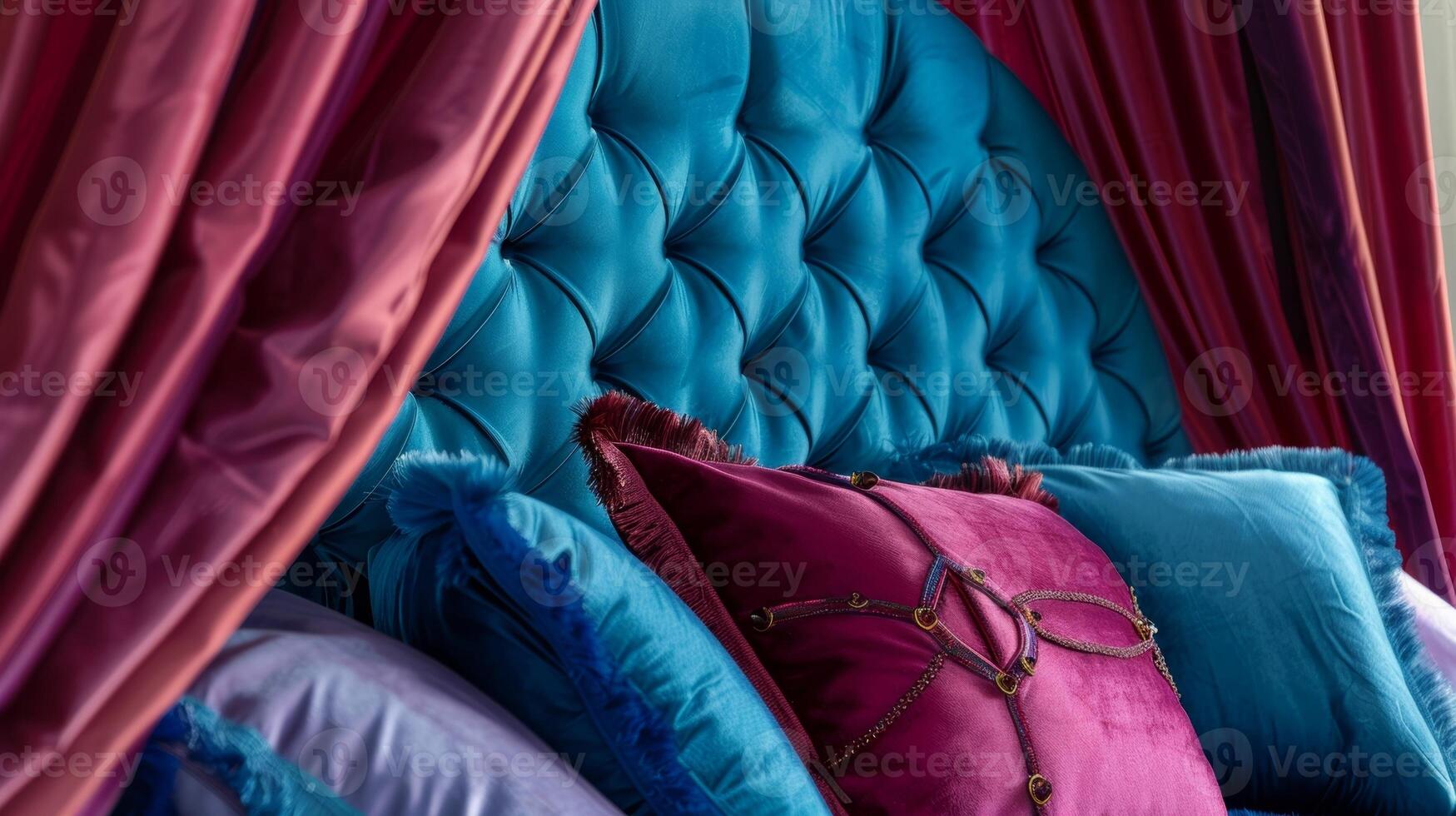Bold and daring this velvet upholstered bed features a vibrant jeweltoned fabric and dramatic canopy for a truly luxurious feel photo
