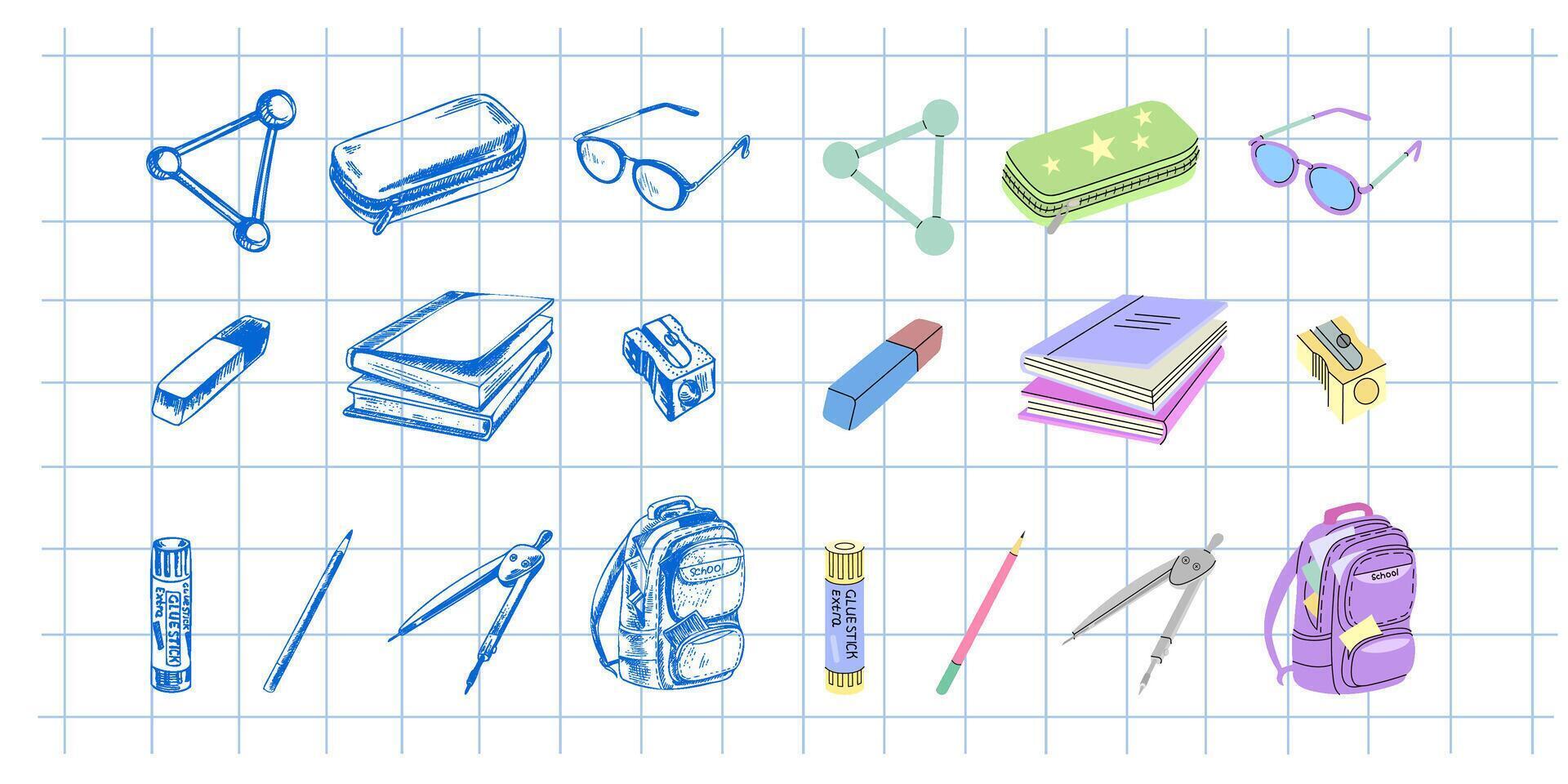 Back to School, sketch and flat style school supplies set. School object collection. Education Concept. Back to School. vector