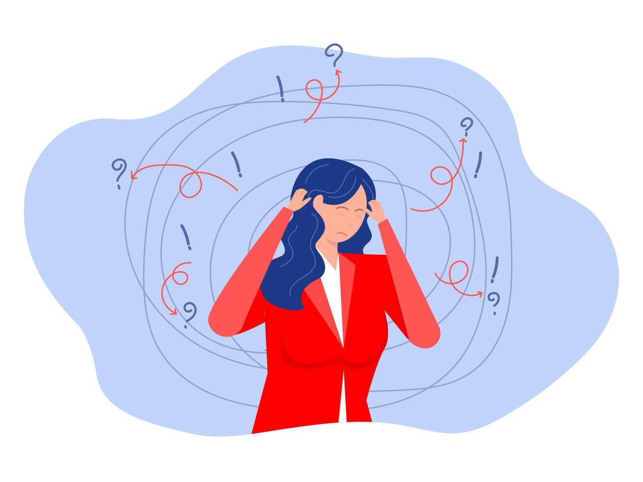 woman suffers from obsessive thoughts, headache, unresolved issues, psychological trauma, depression. vector