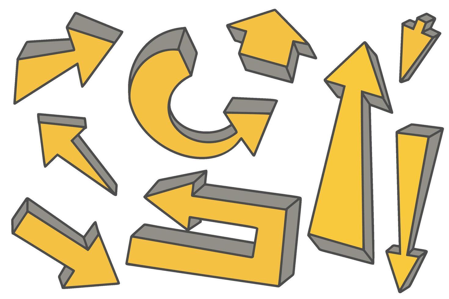Hand drawn doodle arrows set. Pencil yellow line sketch on white background. Curve design elements. Outline sign of cursor. Graphic vintage marks and bold silhouettes vector