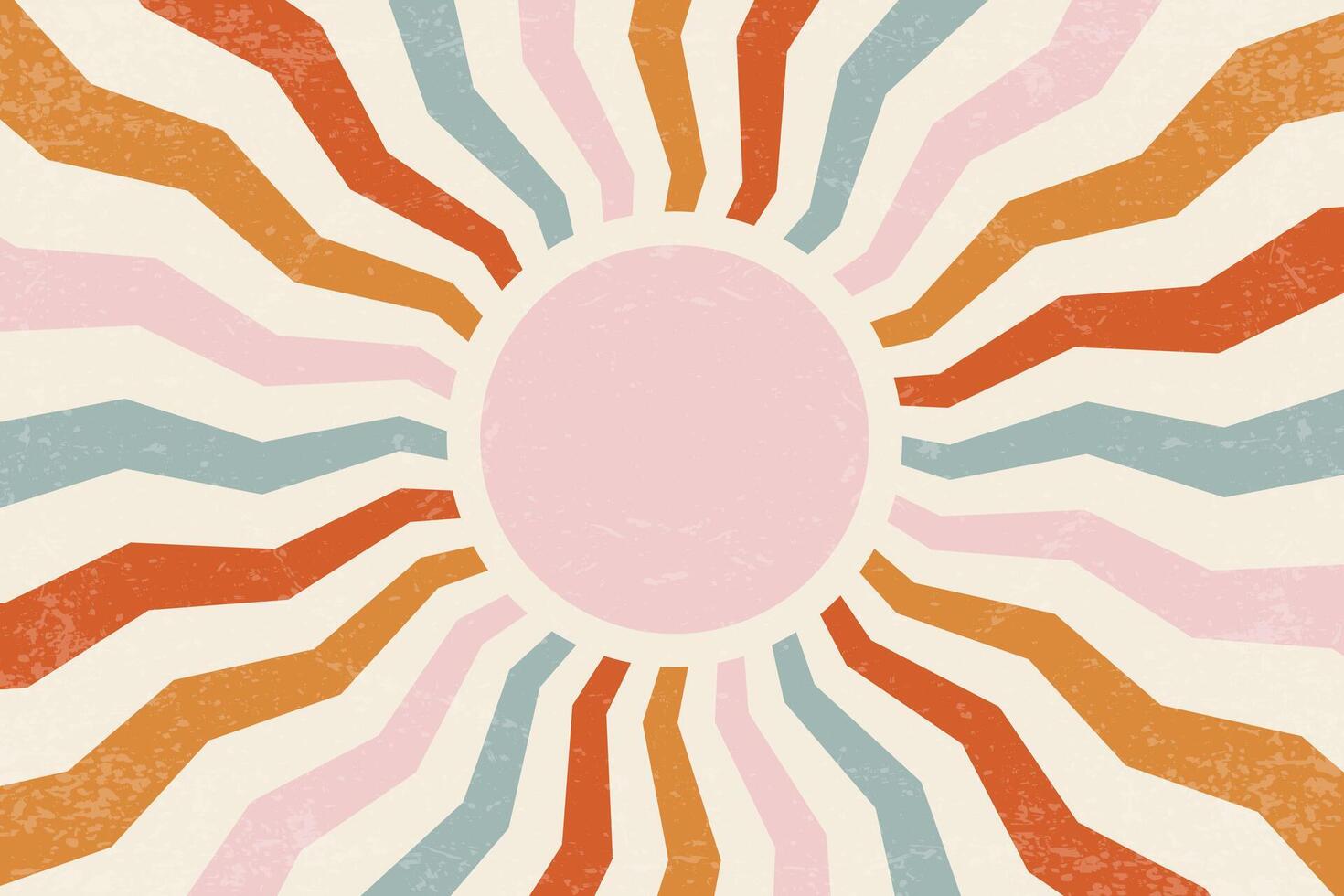 Sunrise retro background. Summer 70s poster with beams. Vintage groovy design with grunge old paper texture for carnival and beach party festive banner vector