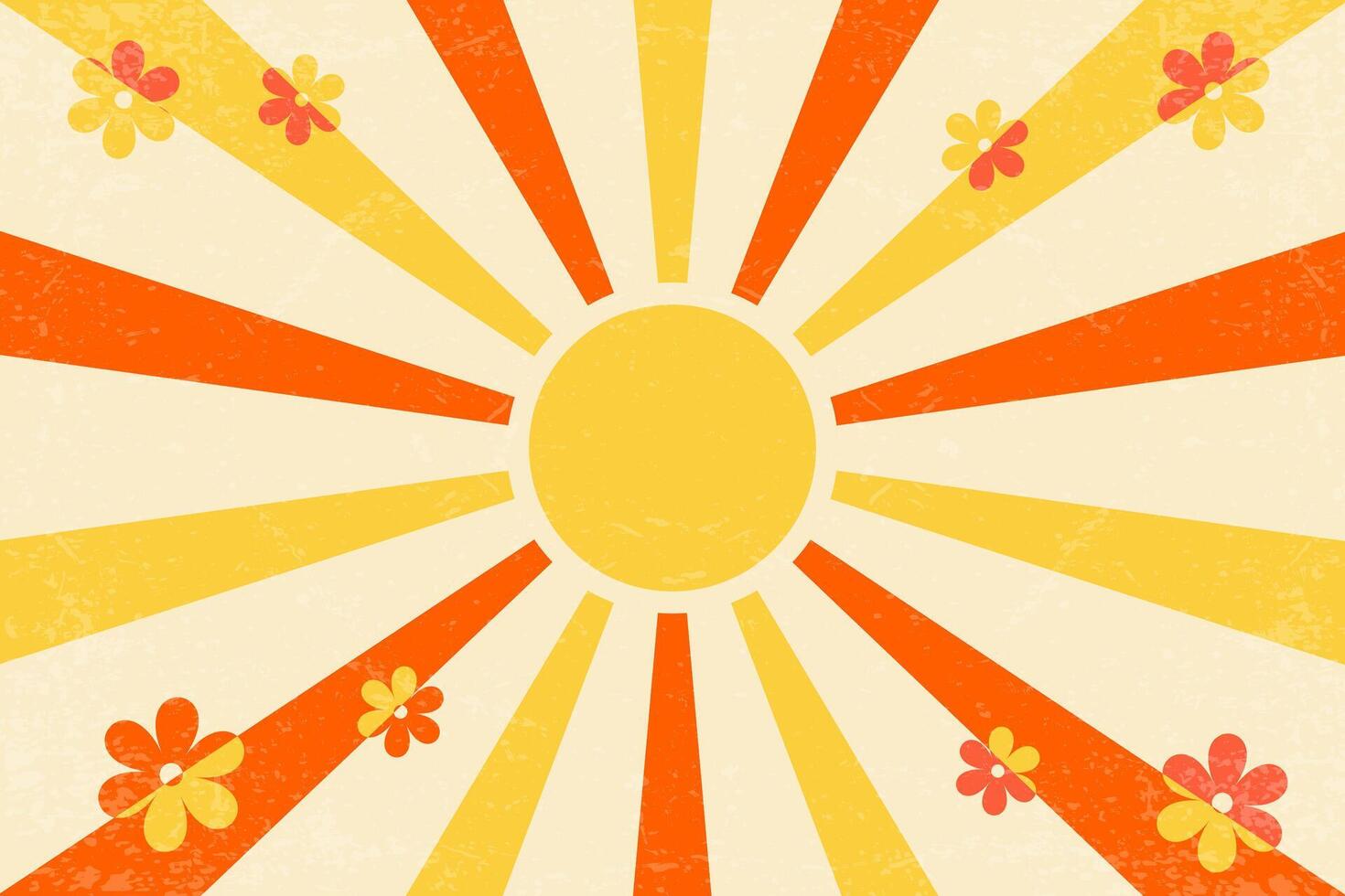 Sunny retro background with radial rays and daisy flowers. Bright 70s abstract poster with beams. Groovy vintage design illustration. Color old paper grunge texture banner vector