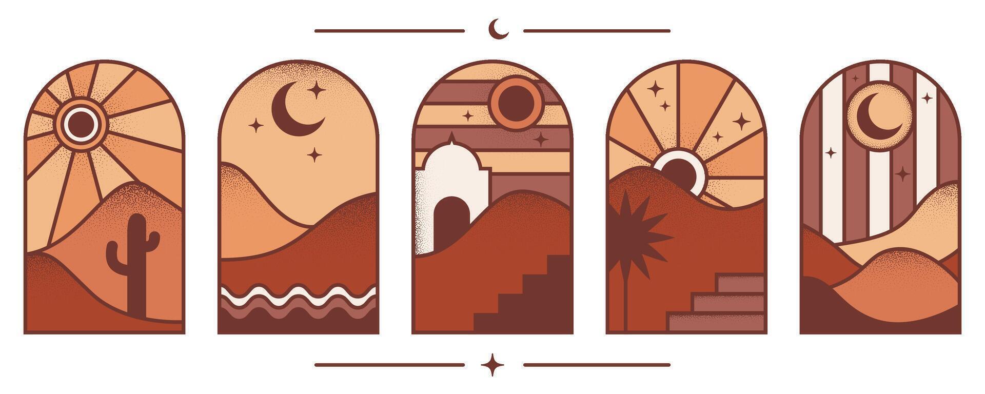 Desert boho logo with mountain and sun landscape. Bohemian valley with moon and cactus. Abstract textured aesthetic design set. Arc with aurora. Travel graphic decoration. vector