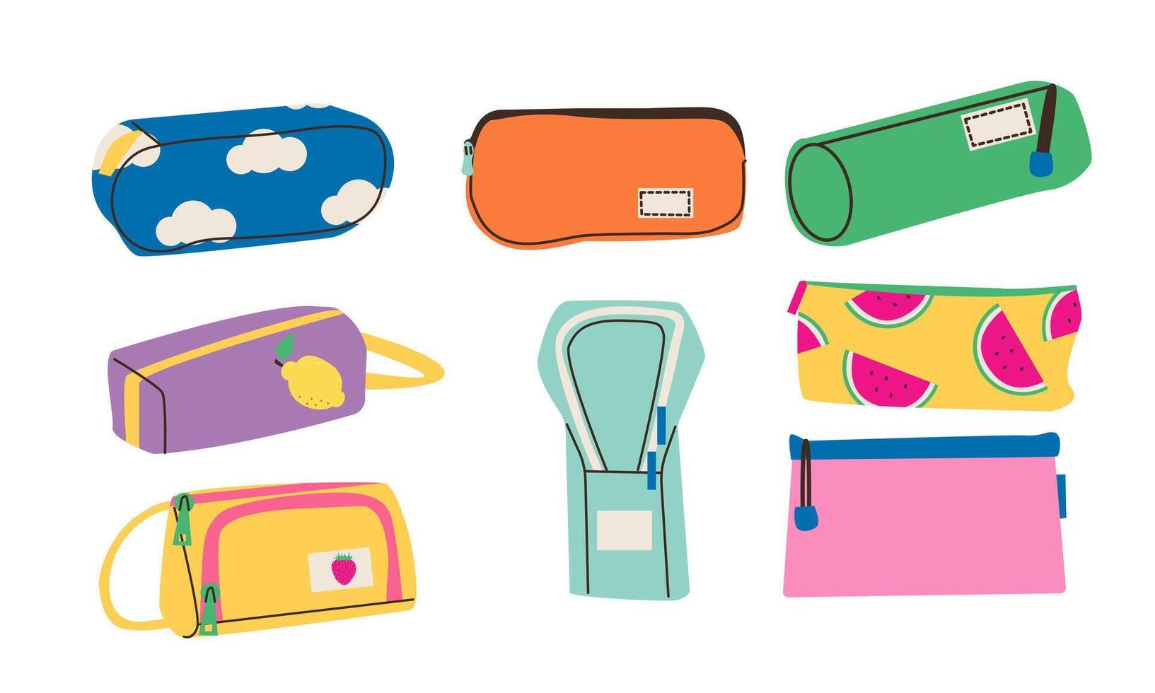 Cute pencil case . Collection of pencil cases. Cute design in bright colors. Flat cartoon doodle design style illustration. Back to school . vector