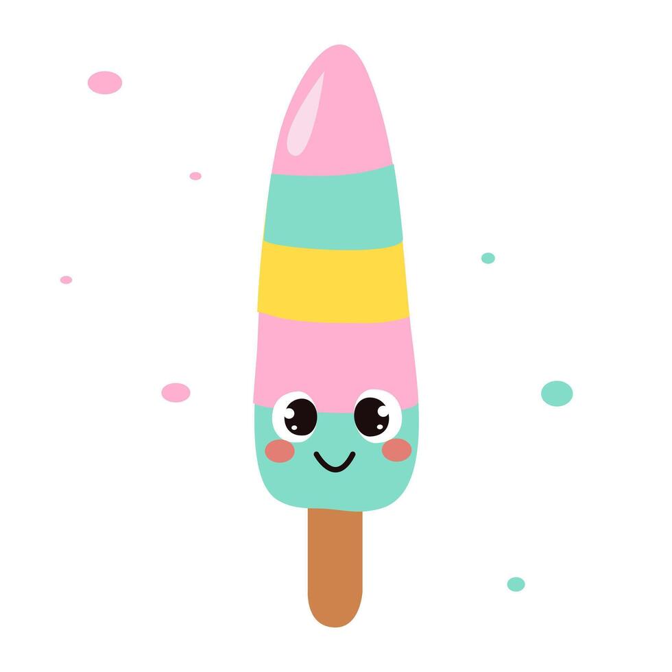 Kawaii cartoon ice cream character isolated on white background. Funny cute food illustration for kids textile logo or printing on any surface. Sweet food sugar and tasty desert vector