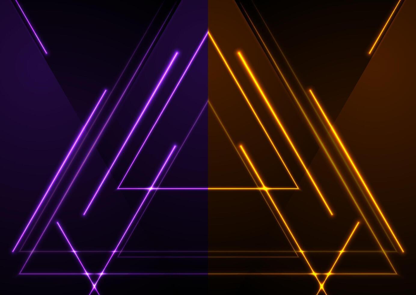 Violet orange glowing neon triangles abstract tech background vector
