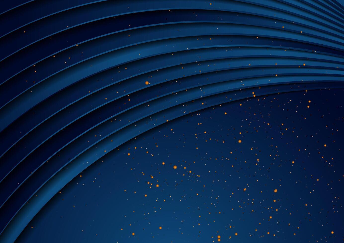 Dark blue wavy abstract background with golden particles vector