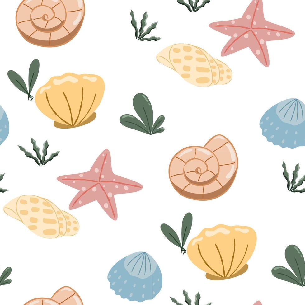 Hand draw sea animal , shell seamless pattern. vector