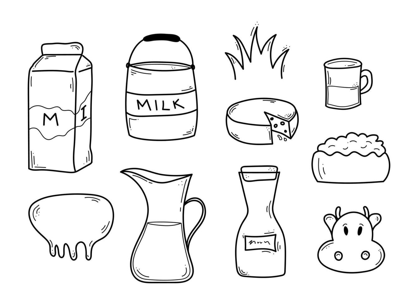 Hand drawn dairy product set. Doodle milk elements. Cheese, jar, curd, cup, bucket, udder vector