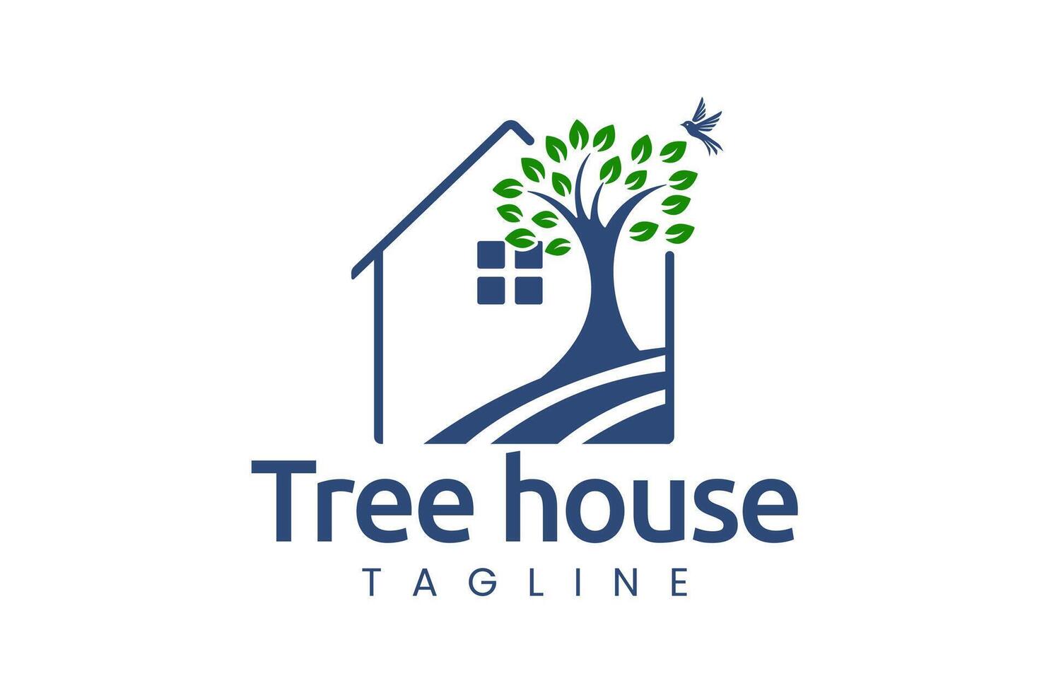 Tree House Illustration Logo with Green Trees and Birds Suitable for Eco-Friendly and Nature-Based Businesses vector