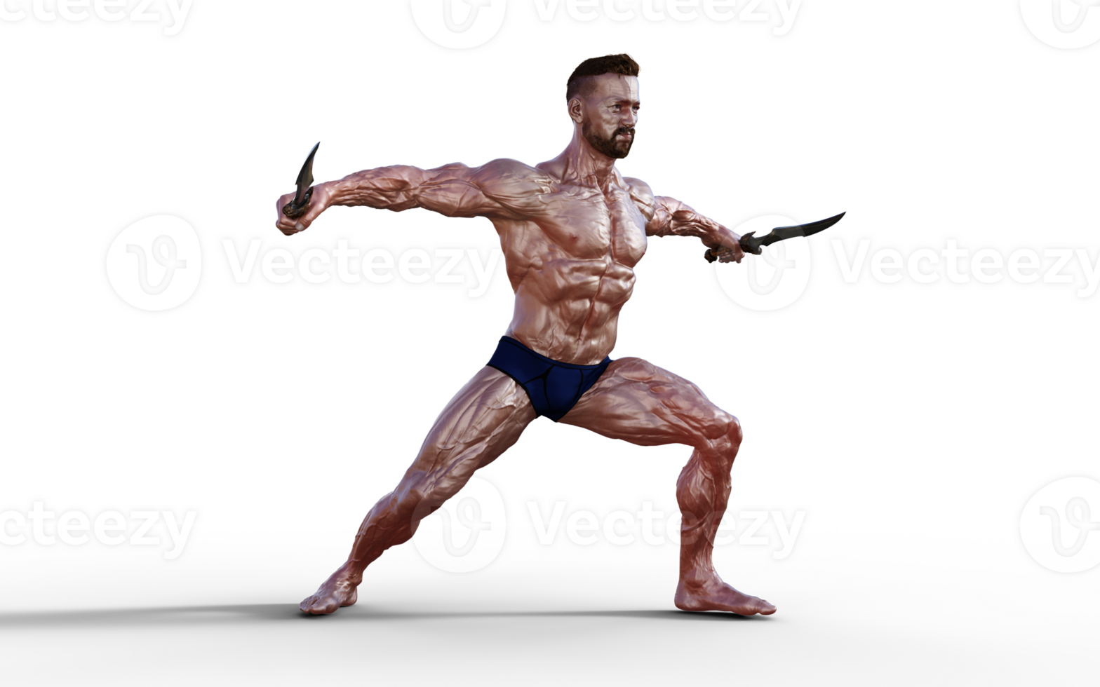Illustration of Shirtless guy in blue panties showing his muscular body and hold twin dagger. Bodybuilder man. png