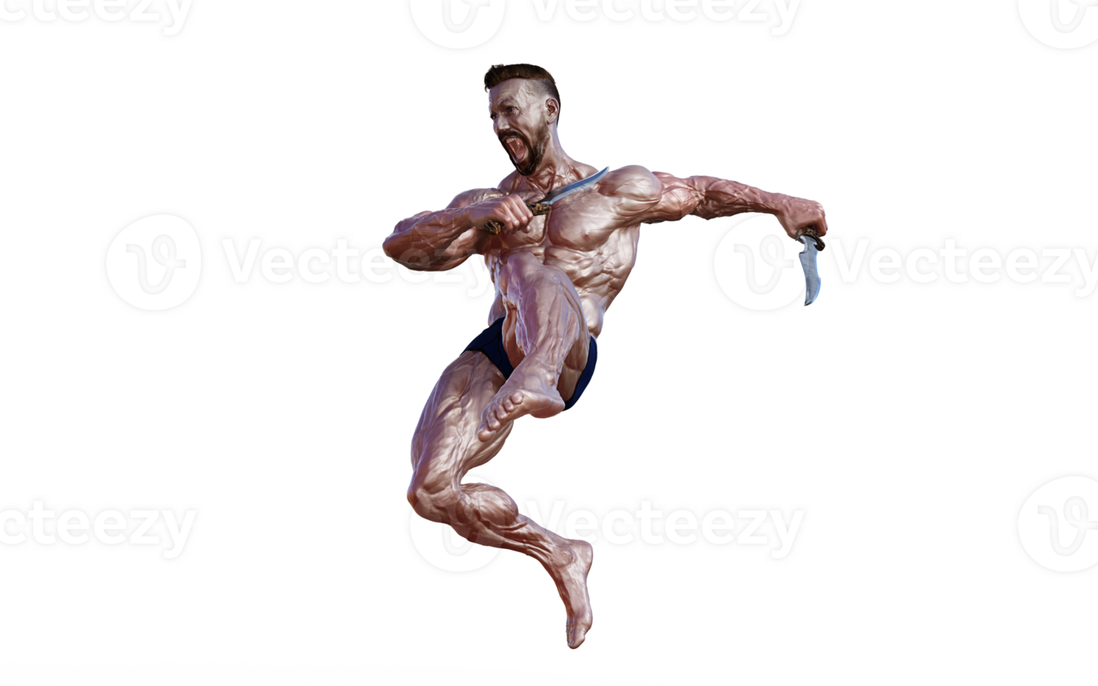 Illustration of Shirtless guy in blue panties showing his muscular body and hold twin dagger. Bodybuilder man. png