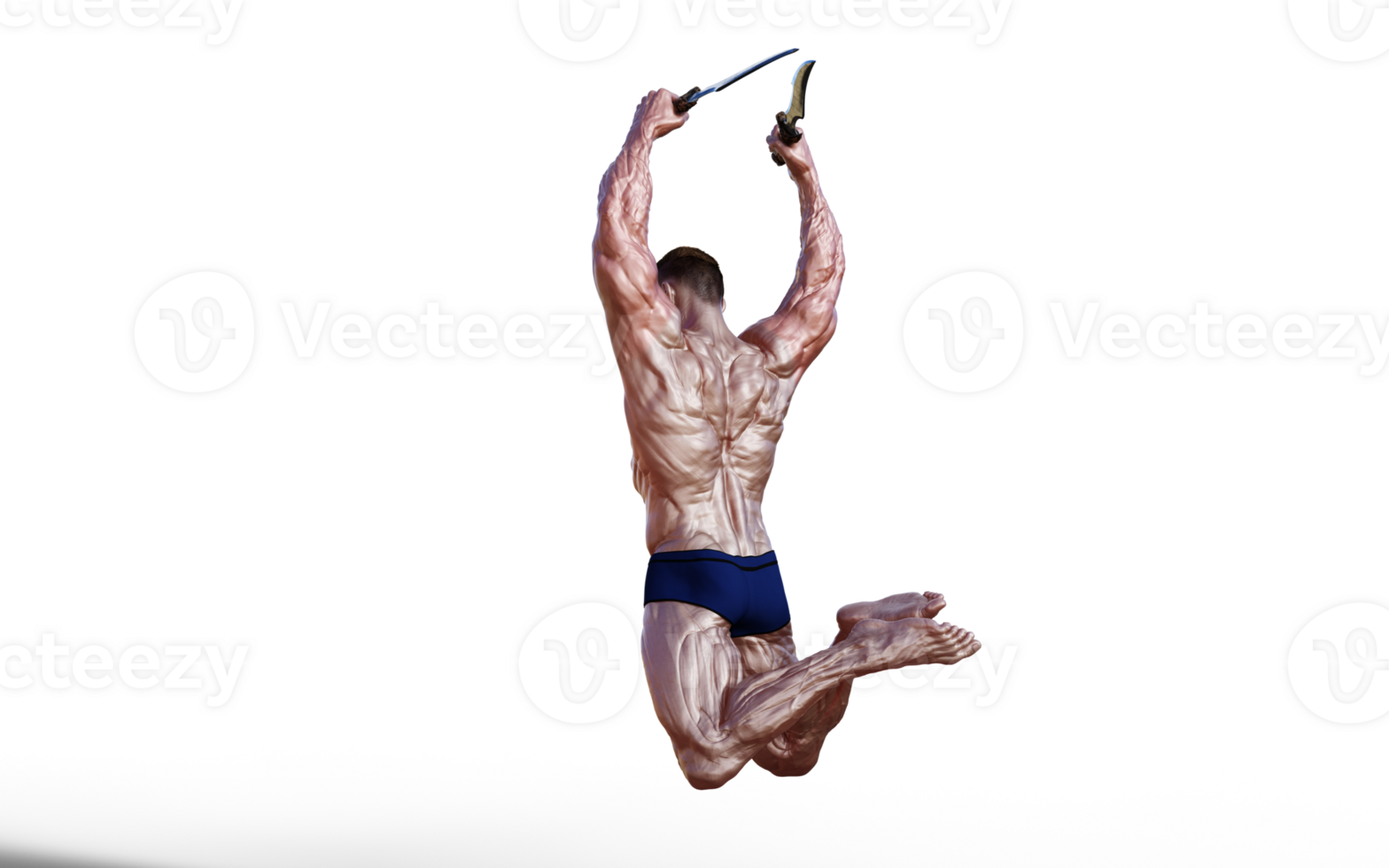 Illustration of Shirtless guy in blue panties showing his muscular body and hold twin dagger. Bodybuilder man. png