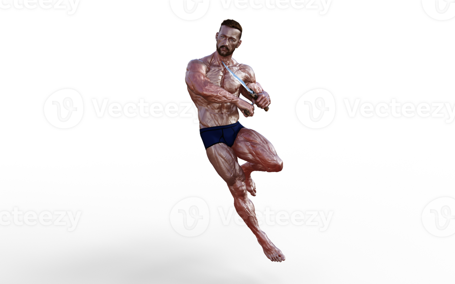 Illustration of Shirtless guy in blue panties showing his muscular body and hold twin dagger. Bodybuilder man. png