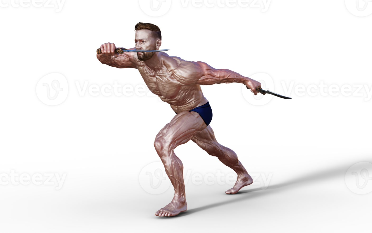 Illustration of Shirtless guy in blue panties showing his muscular body and hold twin dagger. Bodybuilder man. png