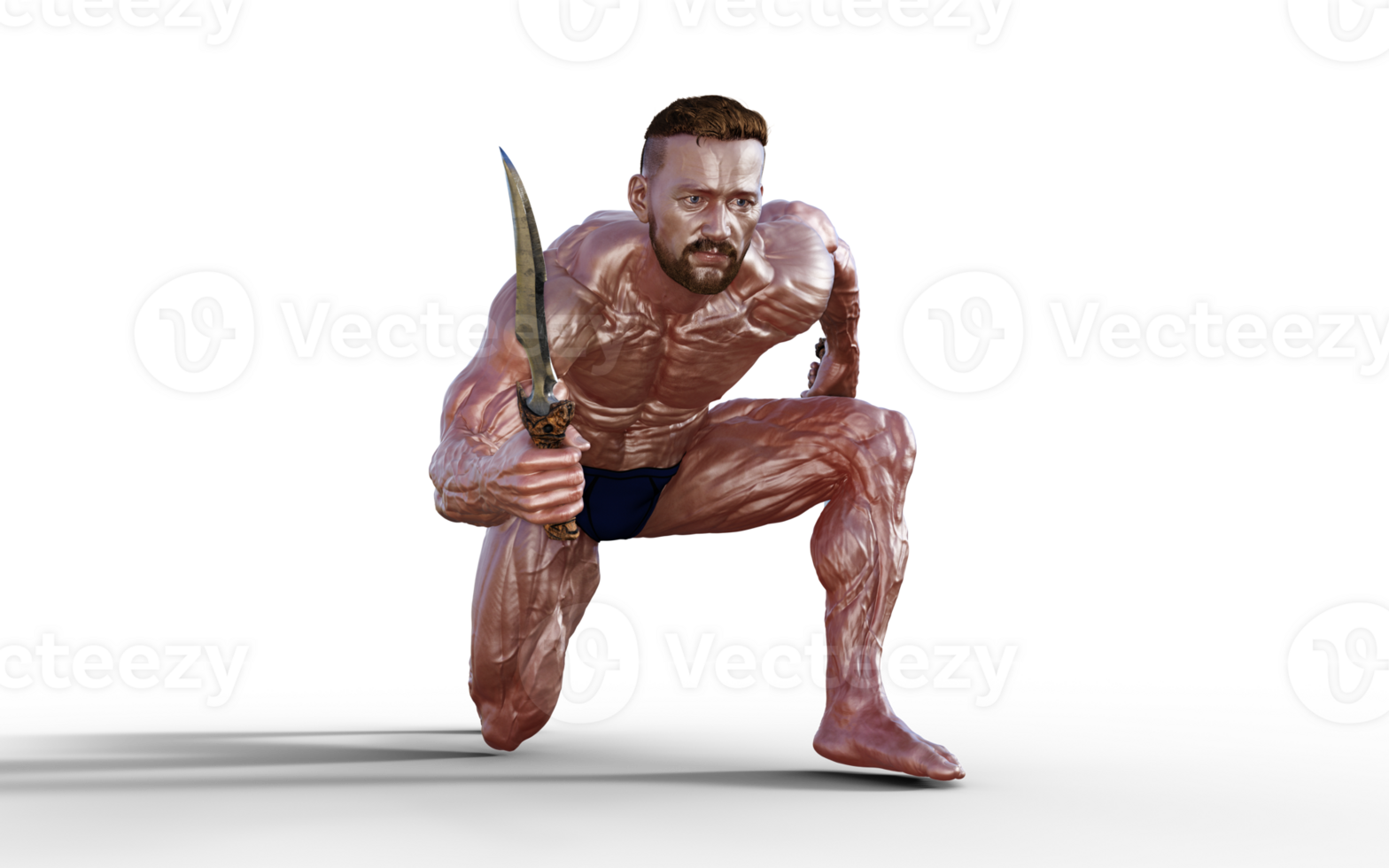 illustration de torse nu gars dans bleu culotte montrant le sien musclé corps et tenir double dague. bodybuilder homme. png