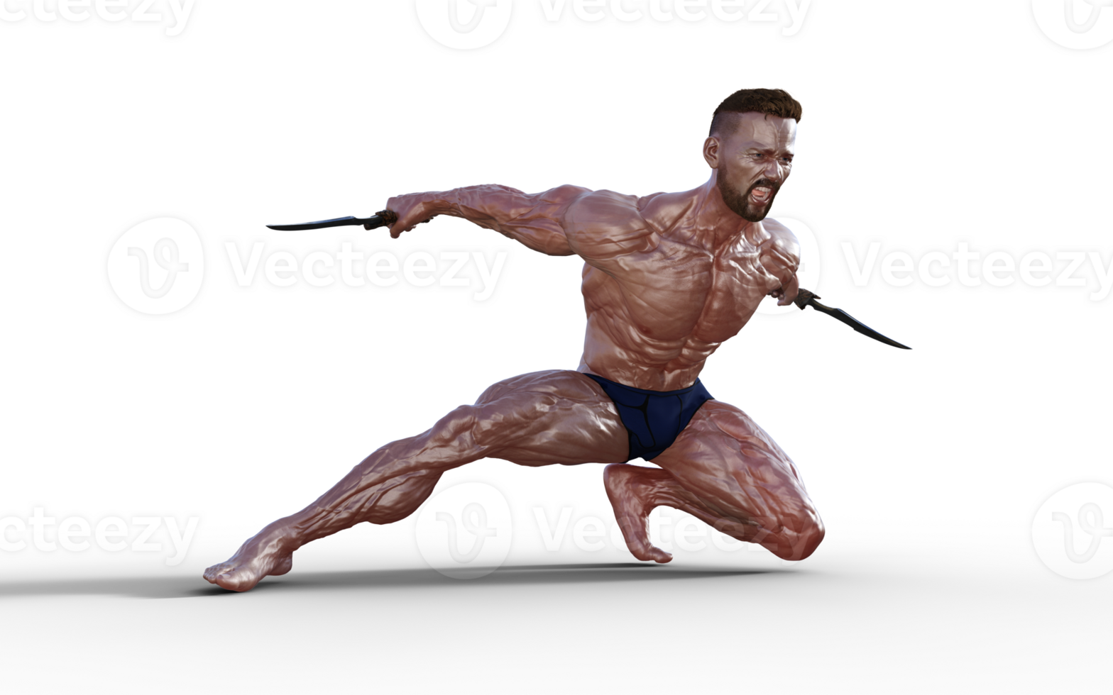 Illustration of Shirtless guy in blue panties showing his muscular body and hold twin dagger. Bodybuilder man. png