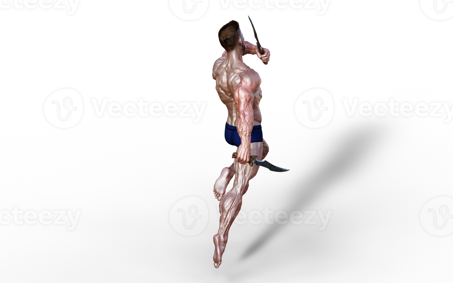 Illustration of Shirtless guy in blue panties showing his muscular body and hold twin dagger. Bodybuilder man. png