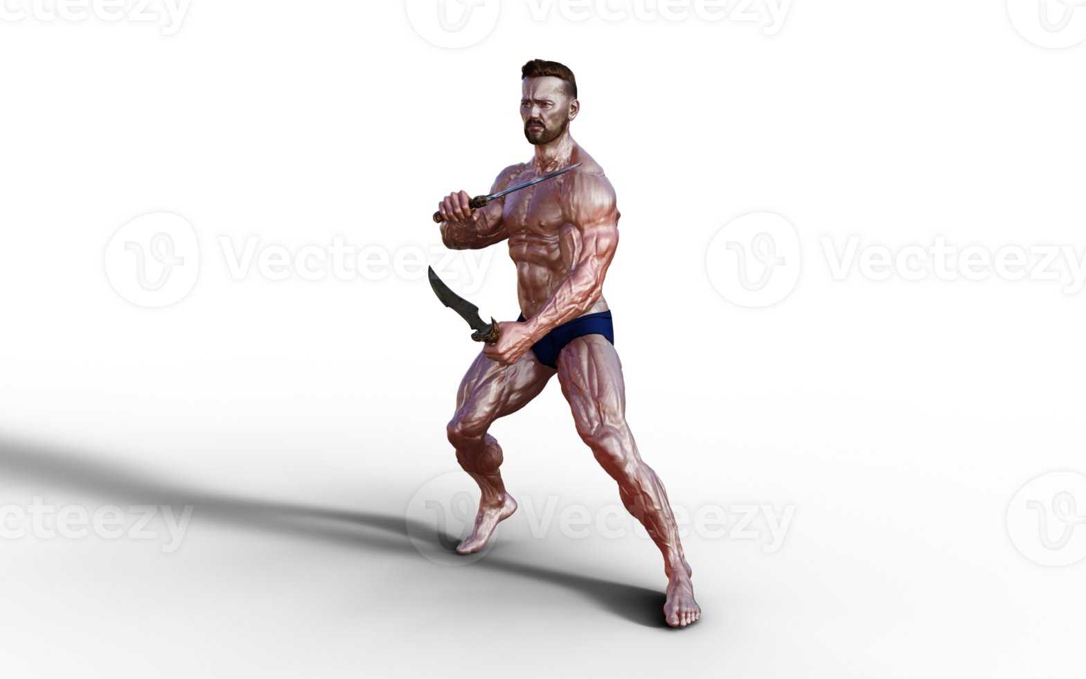 Illustration of Shirtless guy in blue panties showing his muscular body and hold twin dagger. Bodybuilder man. png
