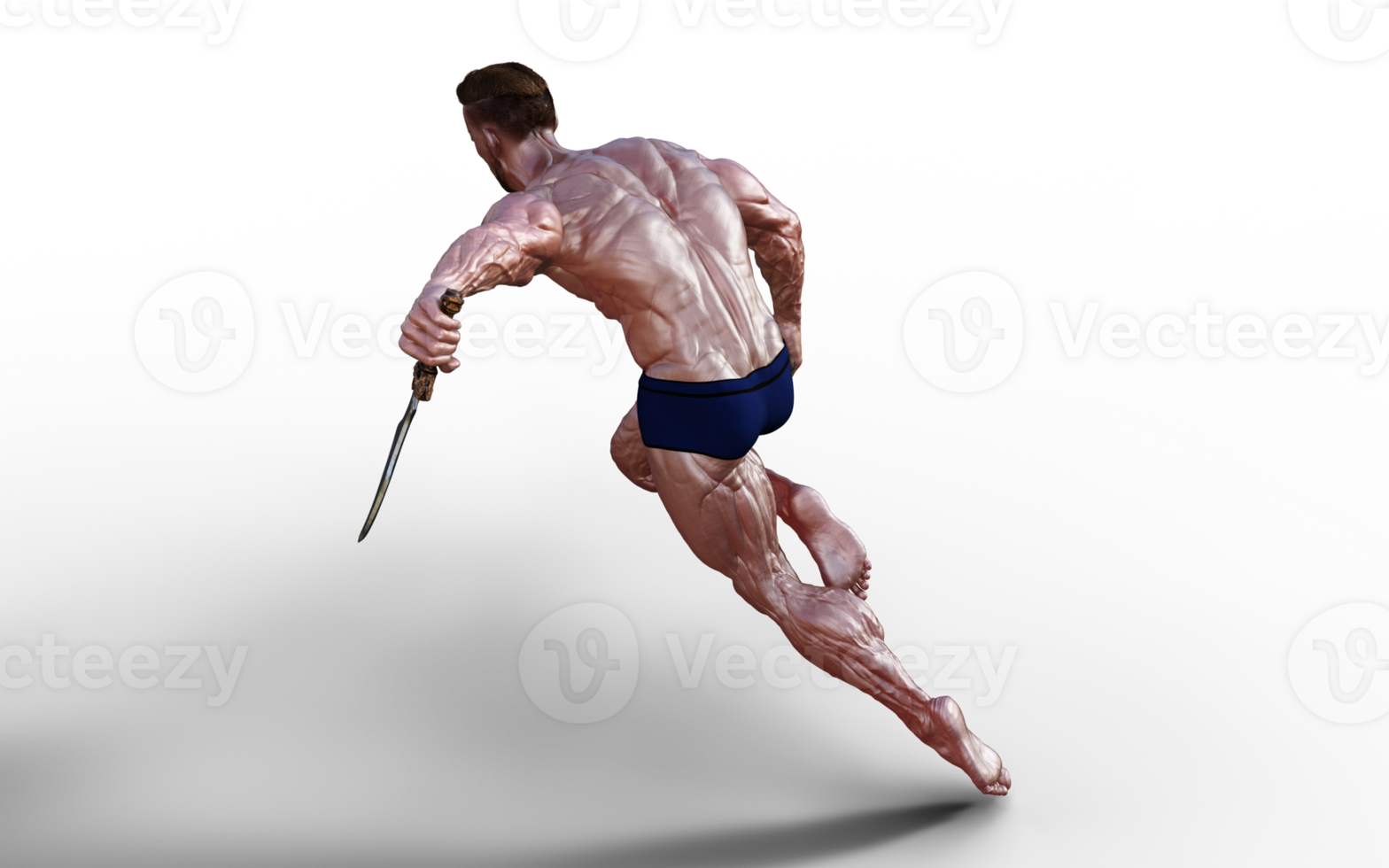 Illustration of Shirtless guy in blue panties showing his muscular body and hold twin dagger. Bodybuilder man. png