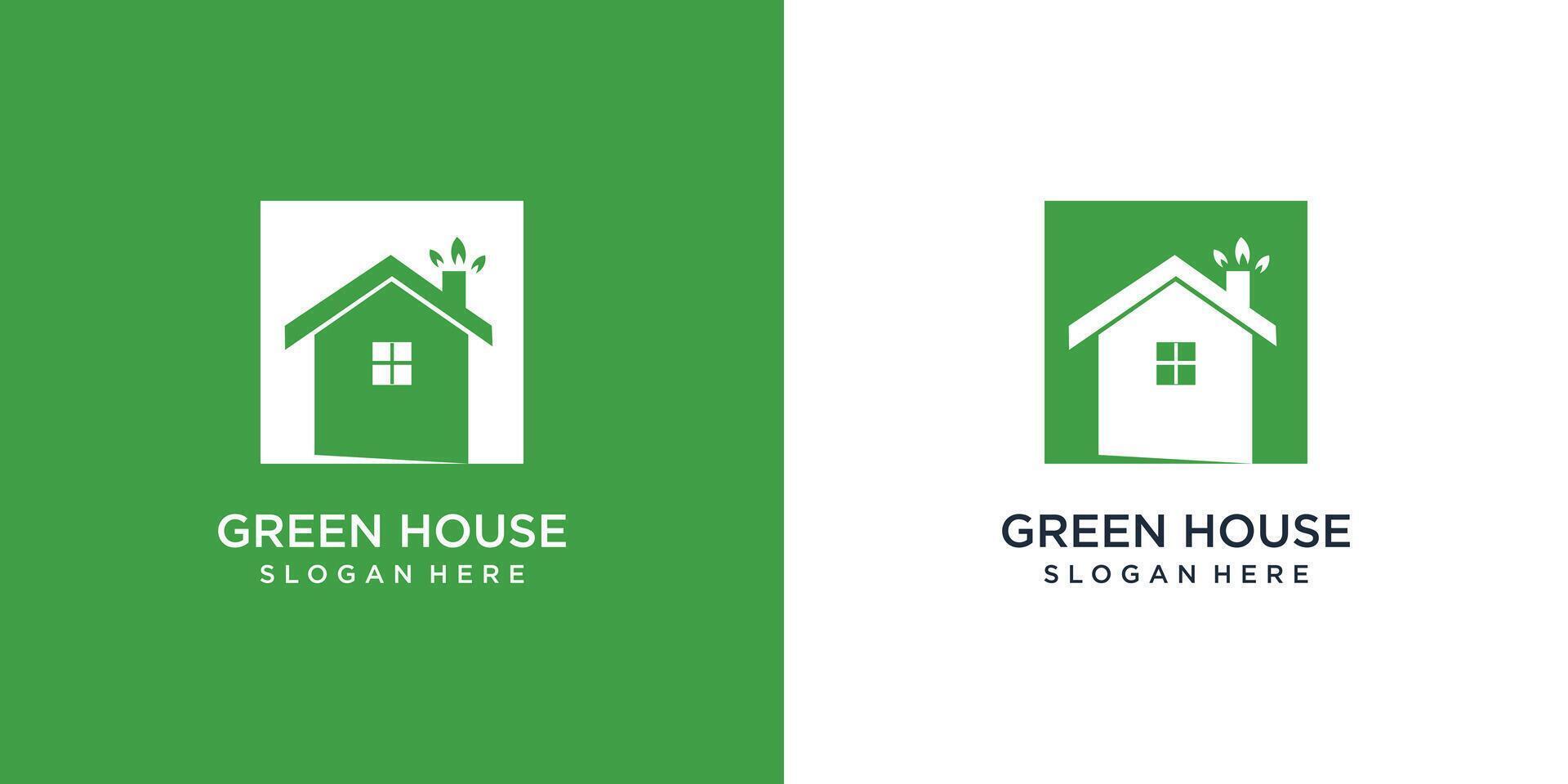 Green building logo idea with fresh concept design Premium vector