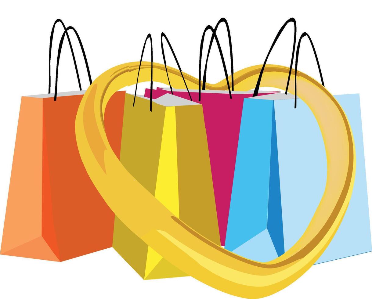 Colorful shopping bags forming a heart shape with a golden ribbon symbolizing love for shopping vector