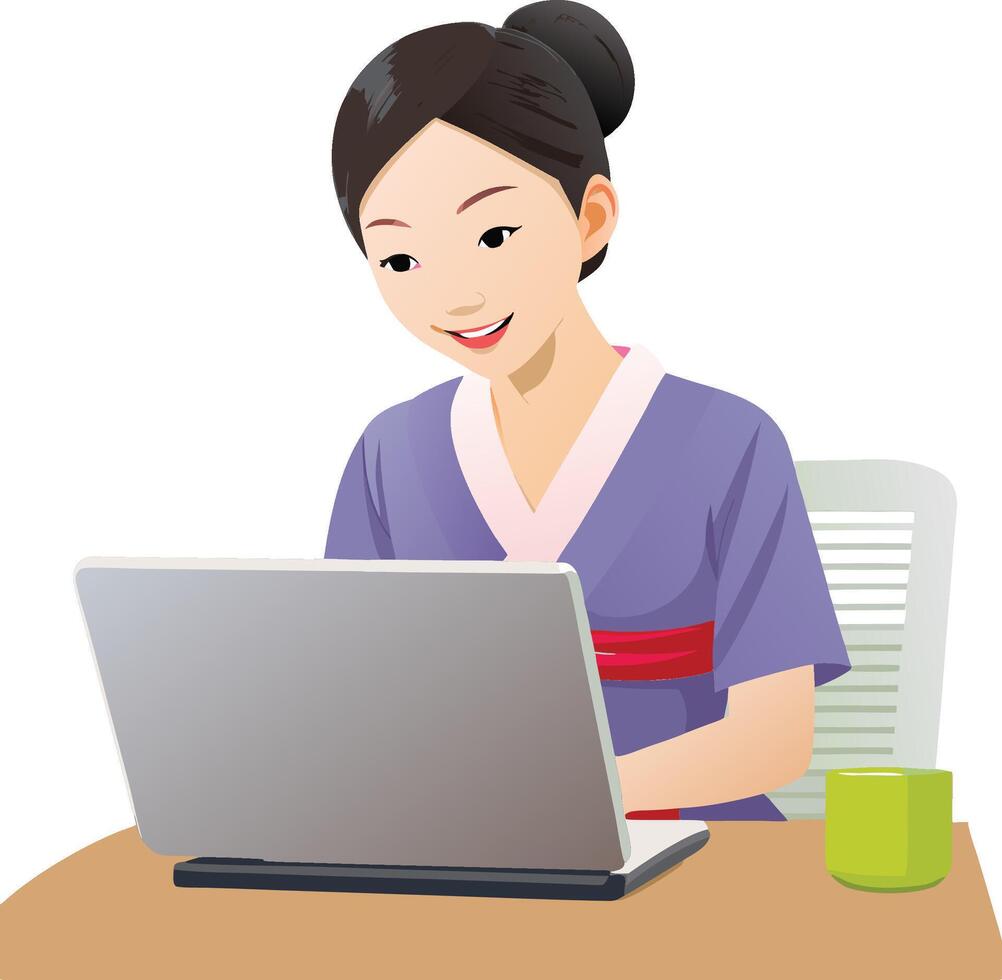 Smiling asian woman in traditional dress working on laptop at desk vector
