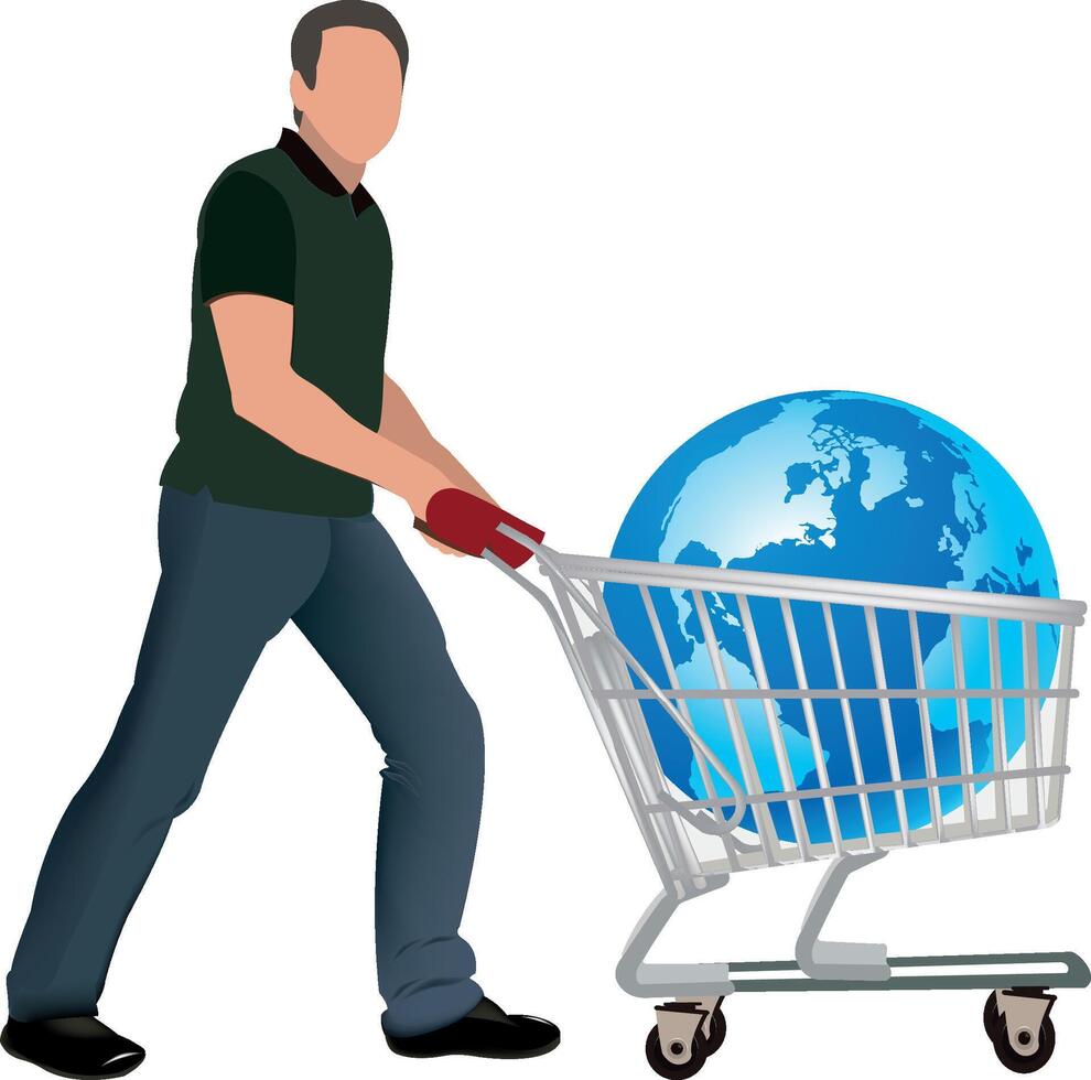 person with shopping cart for buying international kinds vector