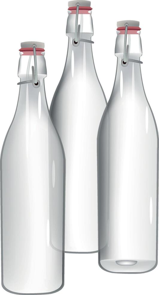 Three empty glass bottles standing on white background vector