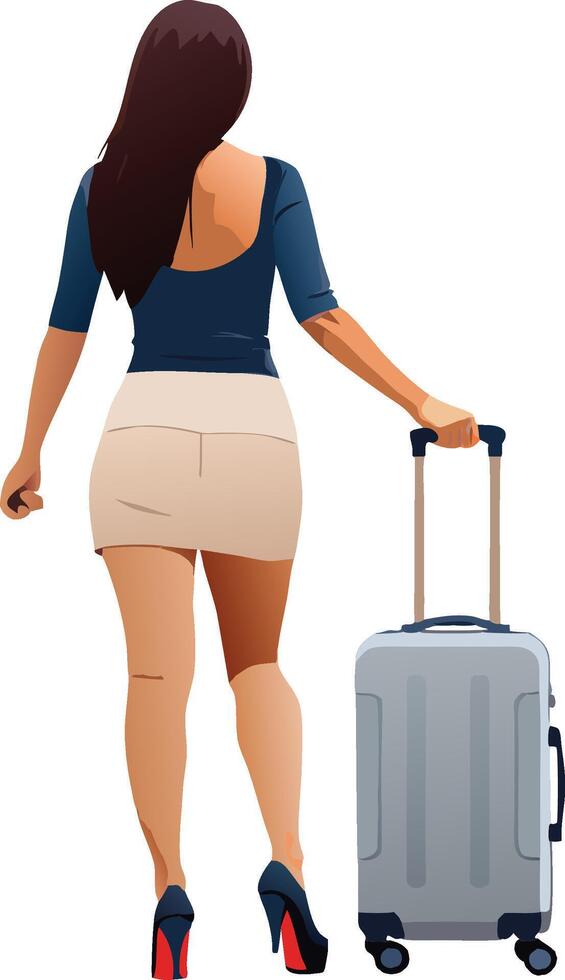 Businesswoman is walking away pulling a suitcase on wheels vector