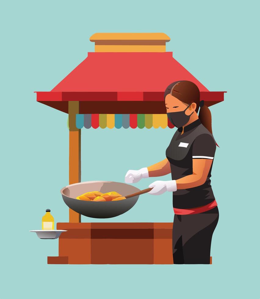 Street food vendor wearing protective face mask cooking noodles in wok vector